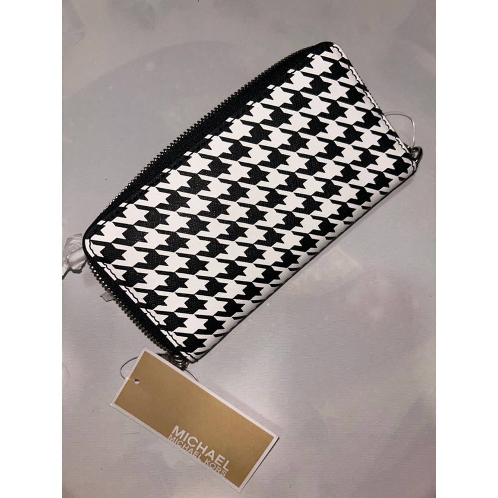 NWT Michael Kors Jet Set Houndstooth Zip Around Wallet Wristlet Black White - Picture 7 of 7
